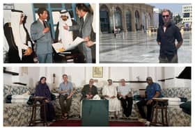 Top left: Jeddah’s former mayor Mohammed Saeed Farsi, then Prince of Wales Charles and architect and town planner Dr George Duncan. Top right: Joey in Jeddah. Bottom: Joey and Graham on their tour of Jeddah. Pictures supplied.