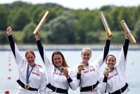 Gold medalists Lauren Henry (right), Hannah Scott, Lola Anderson and Georgina Brayshaw of Team Great Britain pose after the Rowing Women's Quadruple Sculls medal ceremony. Picture: Getty Images