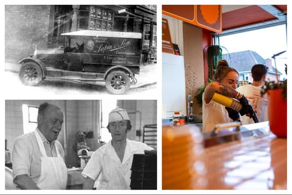 Top left: The original bakery at 7 Farley Street with the delivery van outside in around 1930. Bottom left: Victor and John Sabin at the Shrubland Street bakery. Right: Hayley Sabin working at the current sandwich shop in Tachbrook Road in Leamington.
