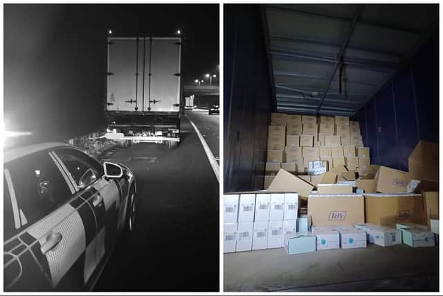 Warwickshire Police found about 1,000 boxes of dental products which had just been stolen from another vehicle at a neaby motorway services. Photos: OPU Warwickshire.