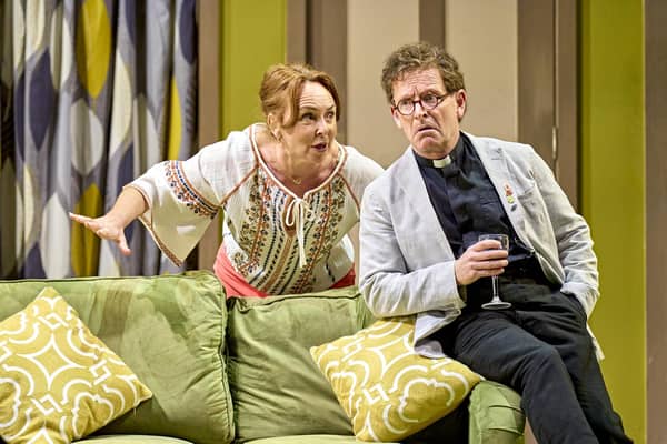 Samantha Spiro and Ian Hughes as Mistress Meg Page and Sir Hugh Evans (photo: Manuel Harlan)