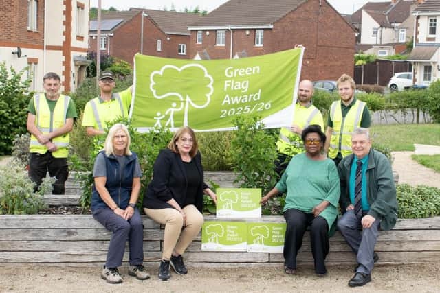 Front, left to right: Stephanie Huggett (the council's town park ranger), Cllr Maggie O'Rourke (Rugby Borough Council portfolio holder for partnerships and wellbeing), Sheela Hammond (chair of New Bilton Community Association), Cllr Neil Sandison (Rugby Borough Council's Liberal Democrat spokesperson for partnerships and wellbeing) Back, left to right: David Henderson, Thomas Malin, Daniel Mallinson and Benjamin Anstice, members of the council's grounds maintenance team.