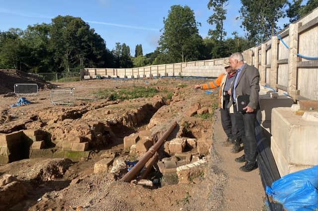 Pictured at Abbey Fields is Councillor Jim Sinnott and Bryn Gethin of Archaeology Warwickshire.