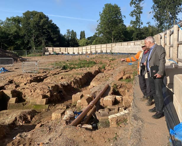 Pictured at Abbey Fields is Councillor Jim Sinnott and Bryn Gethin of Archaeology Warwickshire.