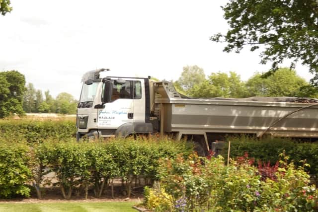 A HGV driving past Mark Hancock's house in Long Itchington Road, Hunningham.