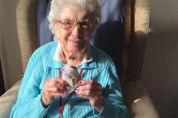 Pam with one of her knitted teddy bears