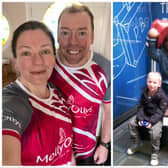 Parents Chris and Jenny Byrne will be taking on the Landmarks Half Marathon on Sunday, to support the Warwick charity Molly Ollys which helped them through their daughter’s cancer battle nine years ago. Left shows Jenny and Chris during their training and right shows Rosie and her brother Jonas on the Paddington Tour organised by Molly Ollys. Photos supplied