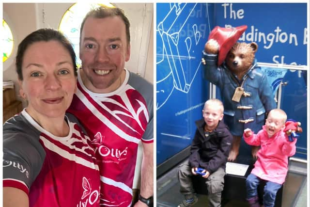 Parents Chris and Jenny Byrne will be taking on the Landmarks Half Marathon on Sunday, to support the Warwick charity Molly Ollys which helped them through their daughter’s cancer battle nine years ago. Left shows Jenny and Chris during their training and right shows Rosie and her brother Jonas on the Paddington Tour organised by Molly Ollys. Photos supplied