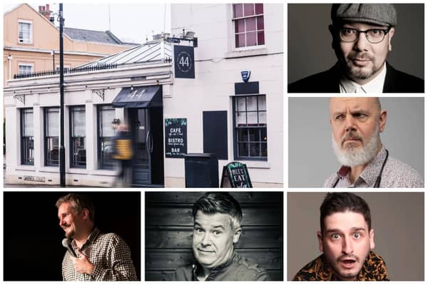 44 Cafe Bar & Bistro will be hosting comedians (clockwise, from top right): OKSE, Patrick Draper, Jack Gleadow, Lee Maloney and James Cook.
