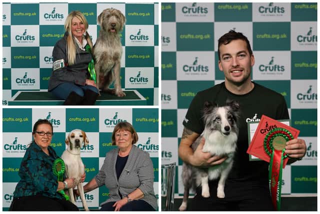 Clockwise from top left: Lynda Adams with Jakob (Beat Media/The Kennel Club); Martin Reid and Selfie (Credit BeatMedia - The Kennel Club); Jane Webb and Rachel Philo with Frankie (Beat Media/The Kennel Club).