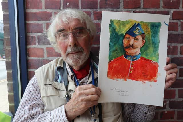 Kenilworth artist  Cyril Hobbins with his portrait painting of how  murder victim Caleb Carter could have looked. Picture supplied.