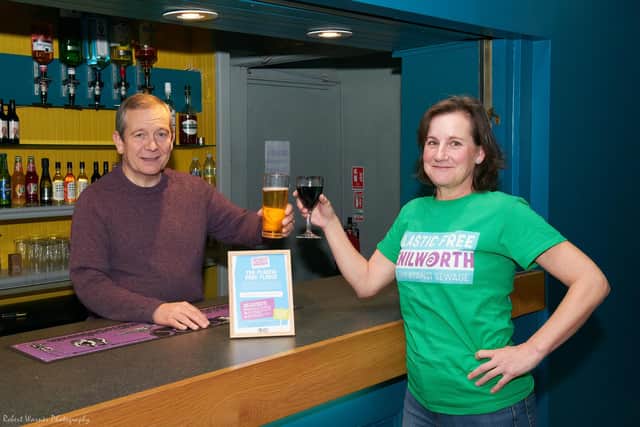 Talisman Theatre bar manager Des McCann and Alison Frith of Plastic Free Kenilworth with the award. Picture supplied