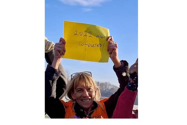 Diana Hancox celebrates completing her 2022 walking challenge to raise money for Alzheimer's Research UK. Picture supplied.