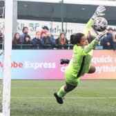 Rugby Borough's keeper Nyla Peterkin is beaten by a stunning strike from Liverpool's Marie Hobinger (Photo by Liverpool FC/Liverpool FC via Getty Images)