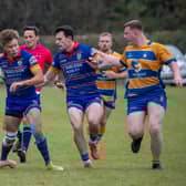 Kofi Miller, backed up by Rich McKowen, on his way to scoring his side's second try of the match. Pic by Ken Pinfold.