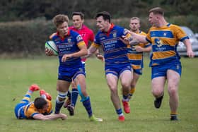 Kofi Miller, backed up by Rich McKowen, on his way to scoring his side's second try of the match. Pic by Ken Pinfold.