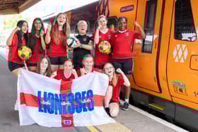 Myton School pupils and teacher Rachel Cole at Leamington Station with the new West Midlands Railway train named Jess Carter. Picture supplied.