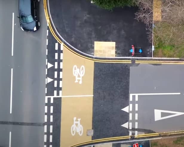 Work was recently completed on a priority crossing for pedestrians and cyclists as part of the new cycle route along the A452 Kenilworth Road in Leamington. Photo by Warwickshire County Council