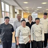 Fay Galpin, Samuel Devan, Eloise Kerr, Dawn Robertson, Chloe Windebank, Chris Dowling-Fennell and head of catering at the college Tracey Gibson.