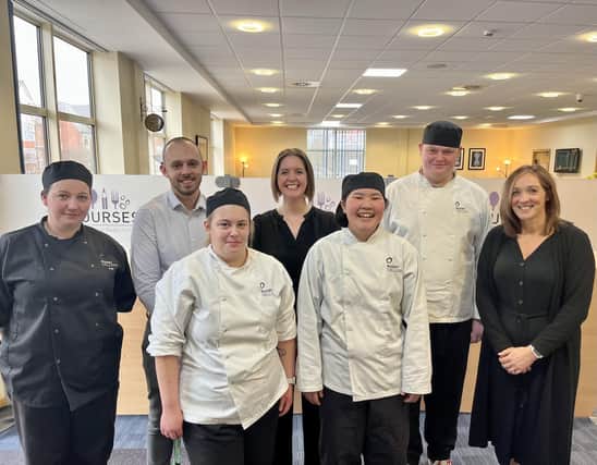 Fay Galpin, Samuel Devan, Eloise Kerr, Dawn Robertson, Chloe Windebank, Chris Dowling-Fennell and head of catering at the college Tracey Gibson.