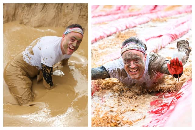 Phil Hibble in the mud and on the waterslide (photos by Peachsnaps)