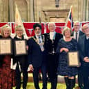 Some of the award winners from Warwick with the Mayor of Warwick, Cllr Parminder Singh Birdi, the High Sheriff of Warwickshire David Kelham. Photo by Warwick Town Council
