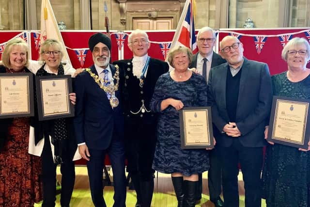 Some of the award winners from Warwick with the Mayor of Warwick, Cllr Parminder Singh Birdi, the High Sheriff of Warwickshire David Kelham. Photo by Warwick Town Council