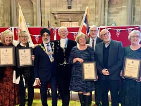 Some of the award winners from Warwick with the Mayor of Warwick, Cllr Parminder Singh Birdi, the High Sheriff of Warwickshire David Kelham. Photo by Warwick Town Council