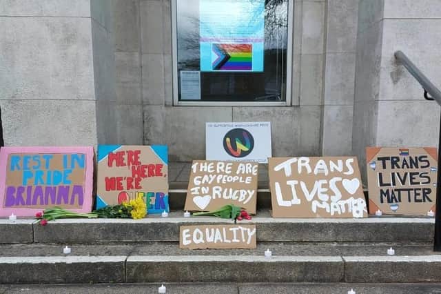 A Pride flag was flown from Rugy Town Hall, while other banners put across messages in response to the death of Brianna Ghey and the continuing campaign for equality.