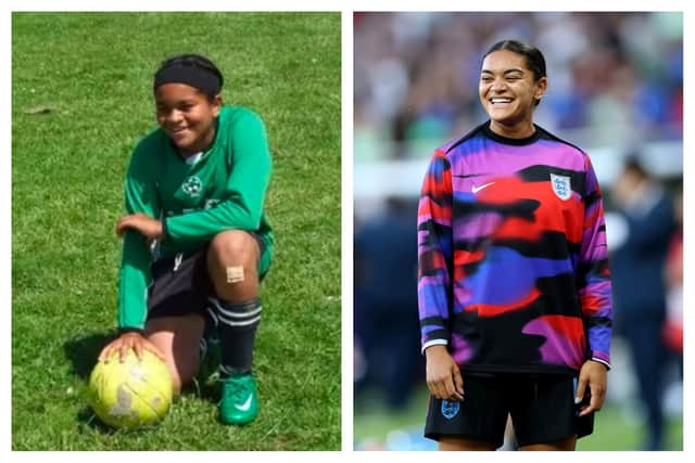 Jess Carter at Warwick Juniors - and Jess in her England training kit. (Images: Warwick Juniors/Getty).