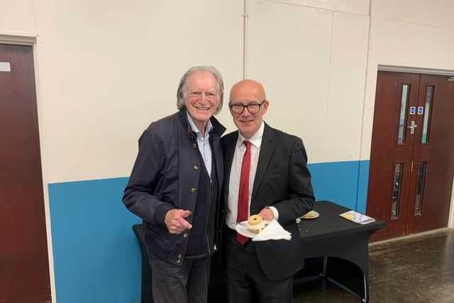 Harry Potter and Game if Thrones actor David Bradley with Warwick and Leamington MP Matt Western at the Macmillan coffee morning. Picture supplied.