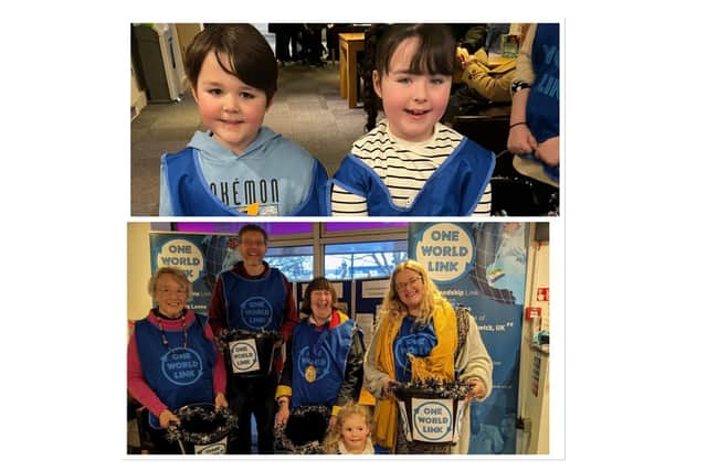 Top: Volunteers Jacob and Lilly from St. Joseph’s School Whitnash collecting for One World Link at the 2023/24 Leamington pantomime. Bottom: Volunteers Jane Knight, Anthony Wood, Sidney Syson, Elsie-May and Harriet Nelson collecting for One World Link at the 2023 pantomime. Pictures supplied.
