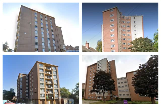The main job is to remove and replace unsafe cladding on Ashton Court (top left), Westbrook House (top right), Southorn Court (bottom left) and Radcliffe Gardens (bottom right). (Photos: Google).