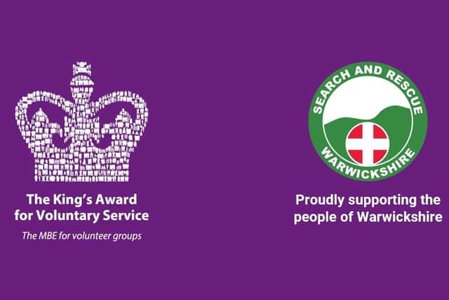The eblems for the King's Award for Voluntary Service and Warwickshire Search and Rescue.
