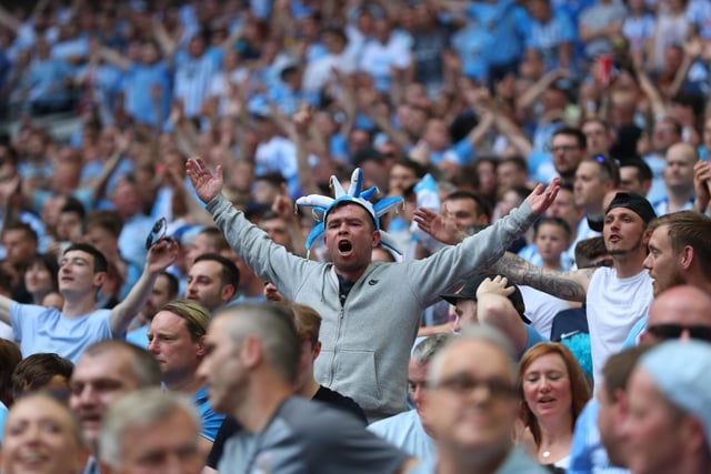 Coventry City fans during the Sky Bet League Two Play Off Final between Coventry City and Exeter City at Wembley Stadium on May 28, 2018