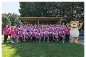 The cyclists after they arrived at The Durham Ox in Shrewley and were welcomed by a big Olly The Brave. Photo by John Cleary Photography.