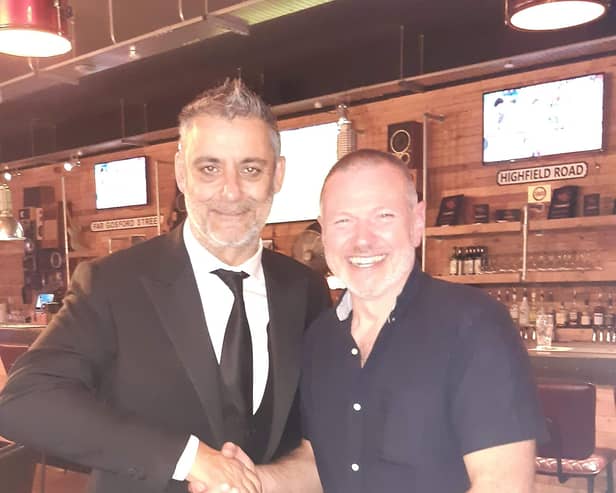 Simon Storey (right), of The Bicycle Bus was presented with the Green Award. He is pictured with BBC CWR breakfast show presenter Phil Upton. Picture supplied.