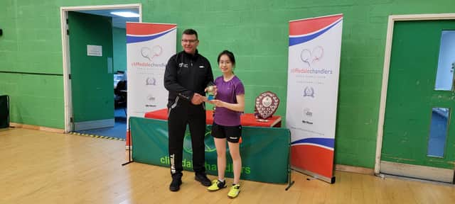 Lillington Free Church Table Tennis Club's Esther Lam celebrates success.