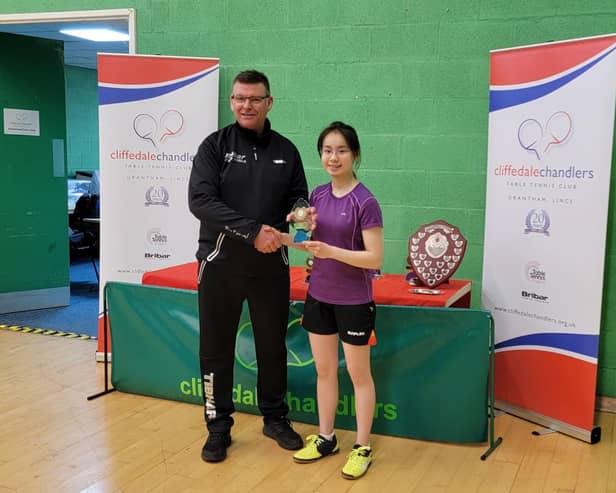 Lillington Free Church Table Tennis Club's Esther Lam celebrates success.