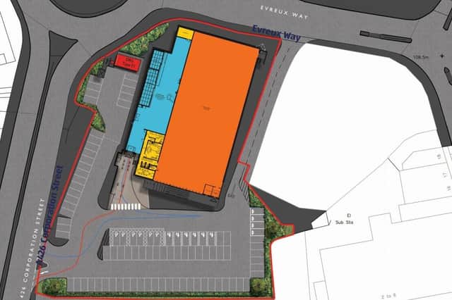 A map outline Aldi's proposals - with Corporation Street to the left and Evereux Way at the top.