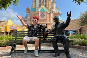Ben in Disney Hong Kong. See SWNS story SWSMdisney. A British man has fulfilled his dream of visiting all 12 Disney theme parks across the world - going on EVERY one of their 216 rides. Ben Wooldridge, 35, has forked out thousands of pounds on his globe-trotting adventure travelling to every Disney park across four countries and three continents. His travels have seen him fly 54,300 miles to Florida, California, Paris, Tokyo, Hong Kong and Shanghai over the past six years as he completed his incredible feat.