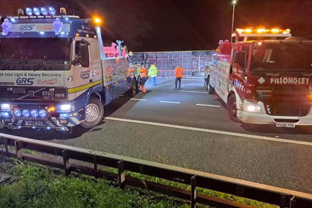 GRS Recovery and Fillongley Garage were among those who attended the scene and helped with the clean-up operation after a lorry crashed through the central reservation of the M40 at Junction 3A. Picture courtesy of OPU Warwickshire.