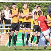 Leamington's wall holds firm against title-hopefuls Brackley Town on Easter Saturday   Picture by Sally Ellis
