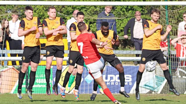 Leamington's wall holds firm against title-hopefuls Brackley Town on Easter Saturday   Picture by Sally Ellis
