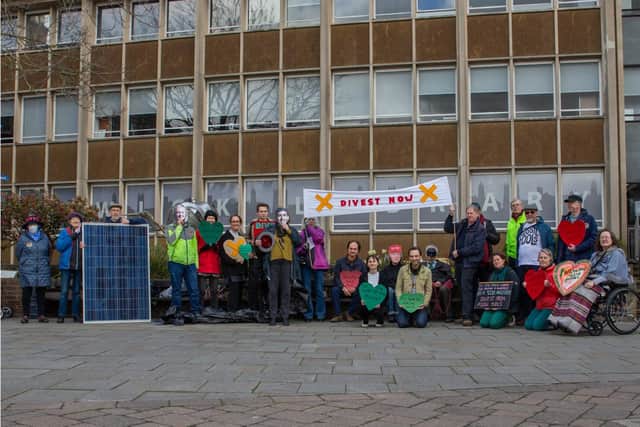 Supporters of Warwickshire Climate Alliance took part in the 'Divest from Crisis' Day of Action on March 24. Photo by Michelle Hardy