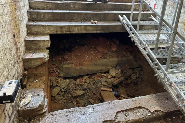 The unexpected foundations found after demolition of concrete subway steps at Warwick station. Photos by Network Rail