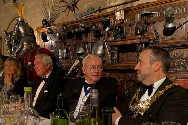 Lord Lieutenant of Warwickshire Tim Cox (left) and his wife Penny, with Thomas Oken charity chairman Clive Mason (centre) and Mayor of Warwick, Coun Oliver Jacques. Picture supplied.