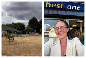 Left: The multi-use games arena would be built next to the Cliff Cleaver Pavilion in Cubbington. Right: Cubbington Parish Council vice chair Councillor Esther McCarthy has been out and about around the village to gain support for the fundraising campaign to build the arena. Pictures supplied.