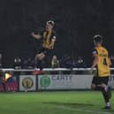 Owen Farmer celebrates his opener for Leamington. Pic: Chris Simpson.