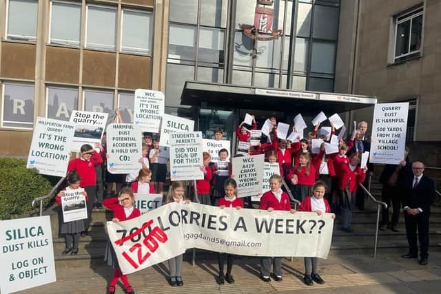 Nearly 40 children from Barford St Peter’s School went to Shire Hall to express their concerns regarding the proposed quarry at Wasperton Farm. Photo supplied